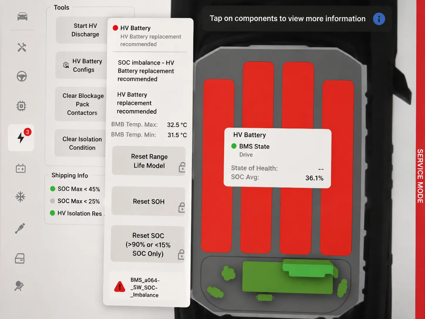 Tesla 原廠診斷系統畫面顯示 HV Battery replacement recommended，高壓電池建議更換